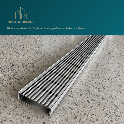316 Marine Grade S/s Outdoor Drainage Channel & Grate - 25mm