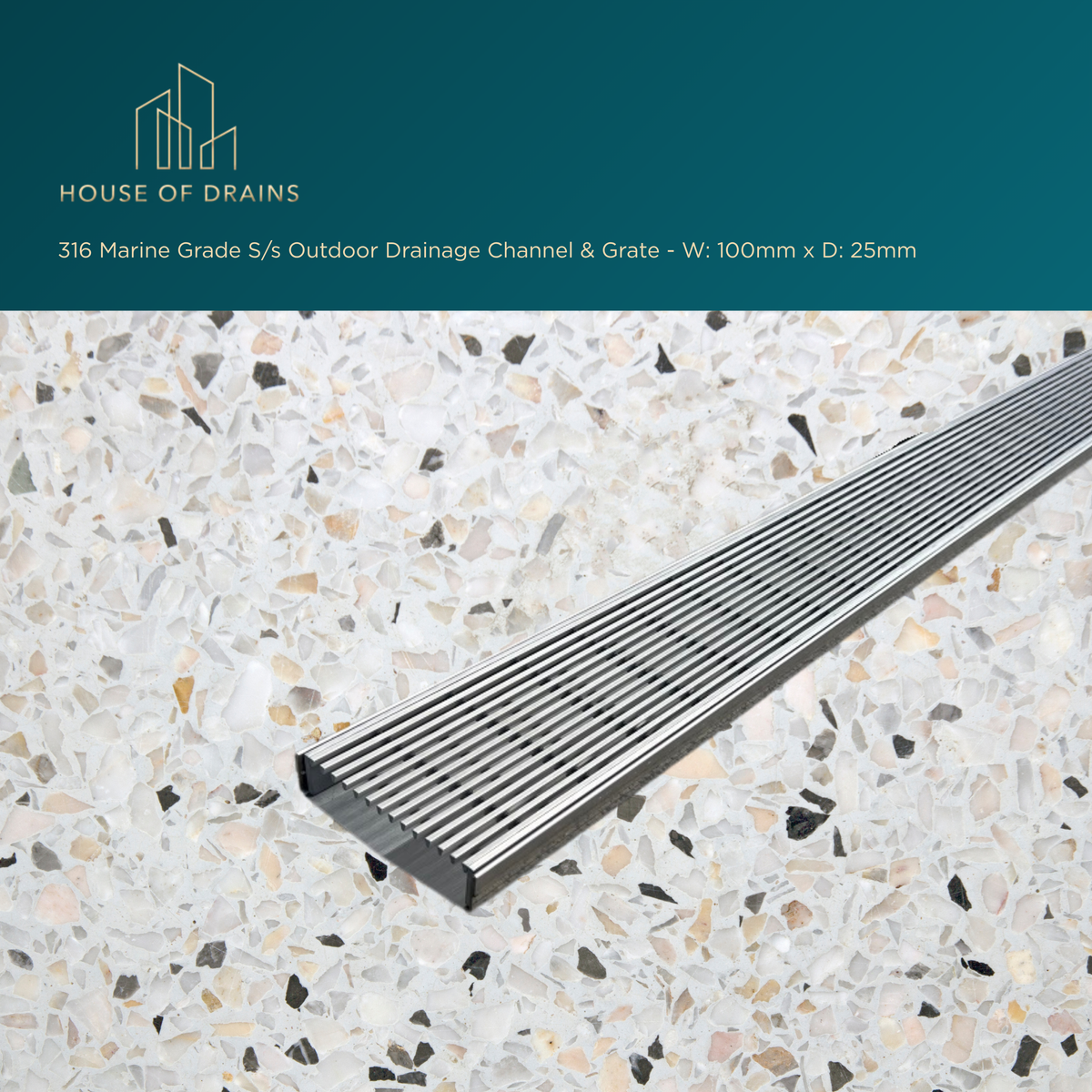 316 Marine Grade S/s Outdoor Drainage Channel & Grate - W:100mm x D:25mm