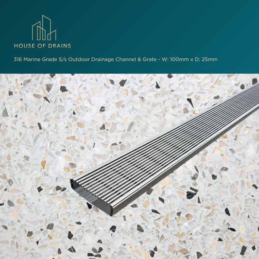 316 Marine Grade S/s Outdoor Drainage Channel & Grate - W:100mm x D:25mm