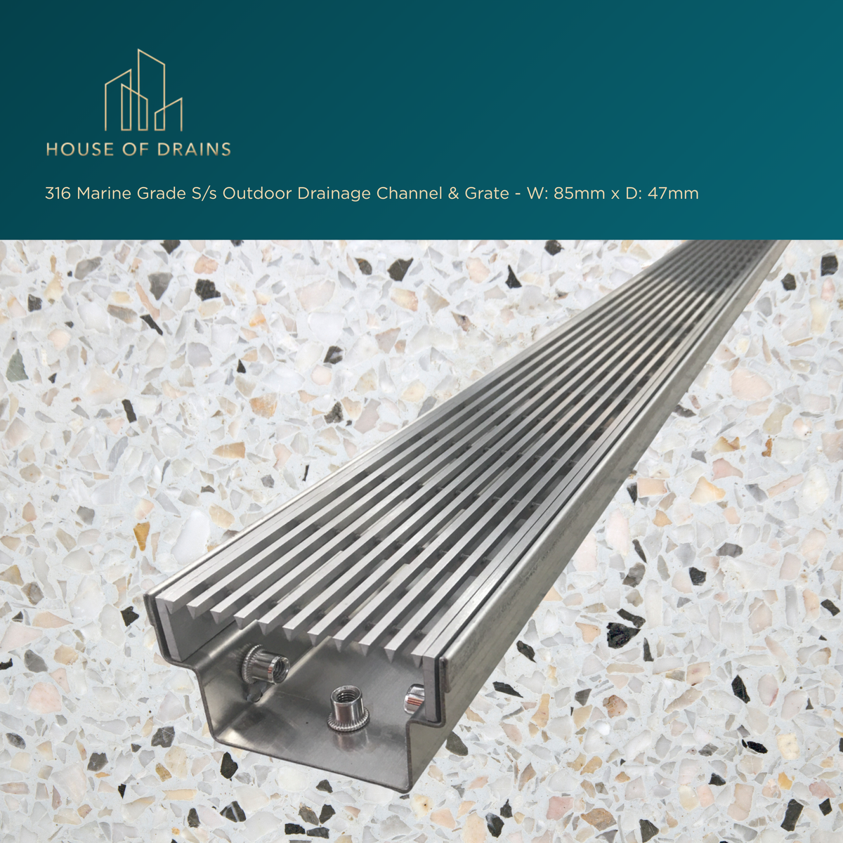316 Marine Grade S/s Outdoor Drainage Channel & Grate - W:85mm x D:47mm
