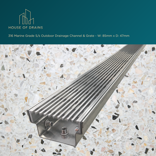 316 Marine Grade S/s Outdoor Drainage Channel & Grate - W:85mm x D:47mm