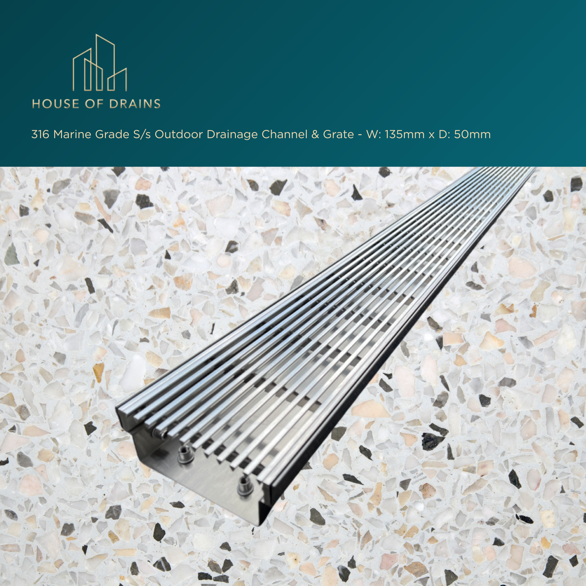 Linear Stainless Steel Drain - Pool/Balcony/Garden - W:135mm x D:50mm