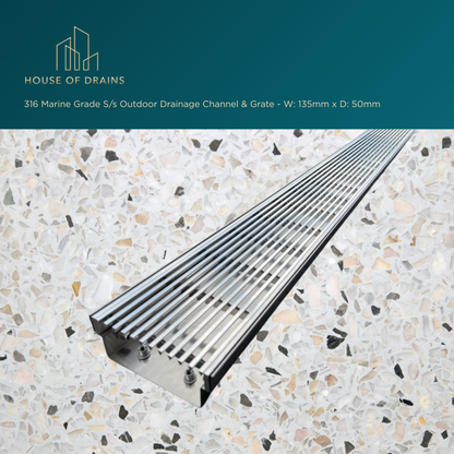 Linear Stainless Steel Drain - Pool/Balcony/Garden - W:135mm x D:50mm