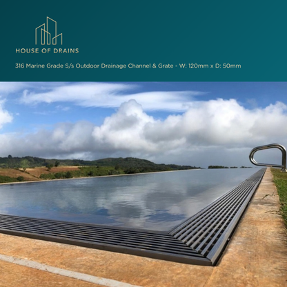 Linear Stainless Steel Drain - Pool/Balcony/Garden - W:120mm x D:50mm
