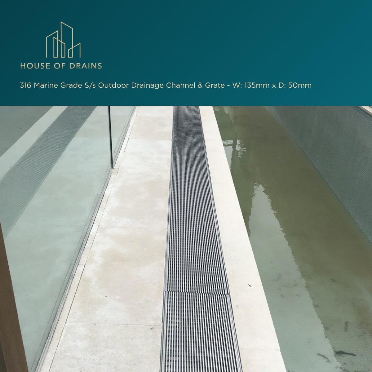 Linear Stainless Steel Drain - Pool/Balcony/Garden - W:135mm x D:50mm