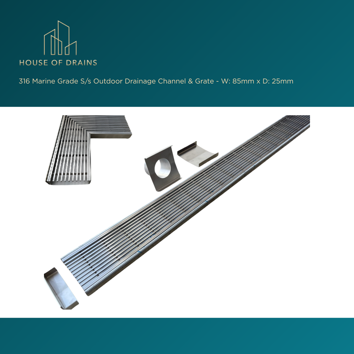 Linear Stainless Steel Drain - Pool/Balcony/Garden - W:85mm x D:25mm