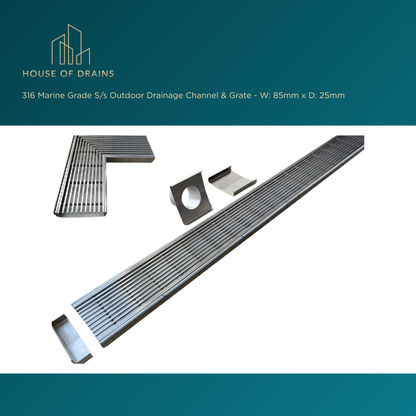 Linear Stainless Steel Drain - Pool/Balcony/Garden - W:85mm x D:25mm