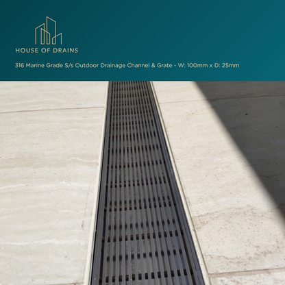 316 Marine Grade S/s Outdoor Drainage Channel & Grate - W:100mm x D:25mm