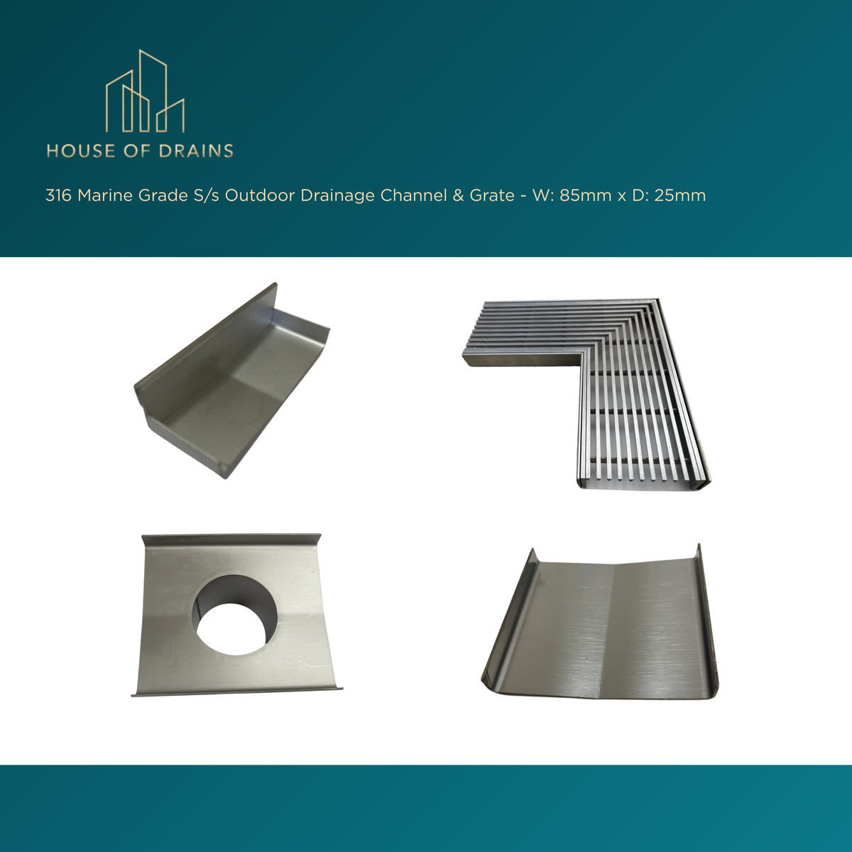 Linear Stainless Steel Drain - Pool/Balcony/Garden - W:85mm x D:25mm