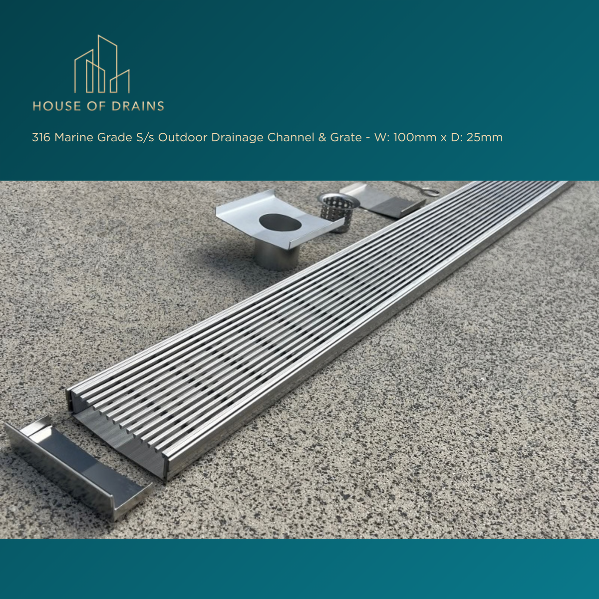 316 Marine Grade S/s Outdoor Drainage Channel & Grate - W:100mm x D:25mm