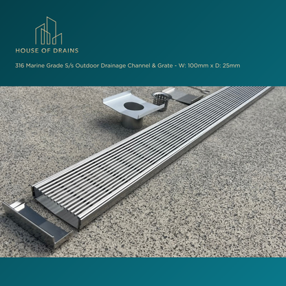 316 Marine Grade S/s Outdoor Drainage Channel & Grate - W:100mm x D:25mm