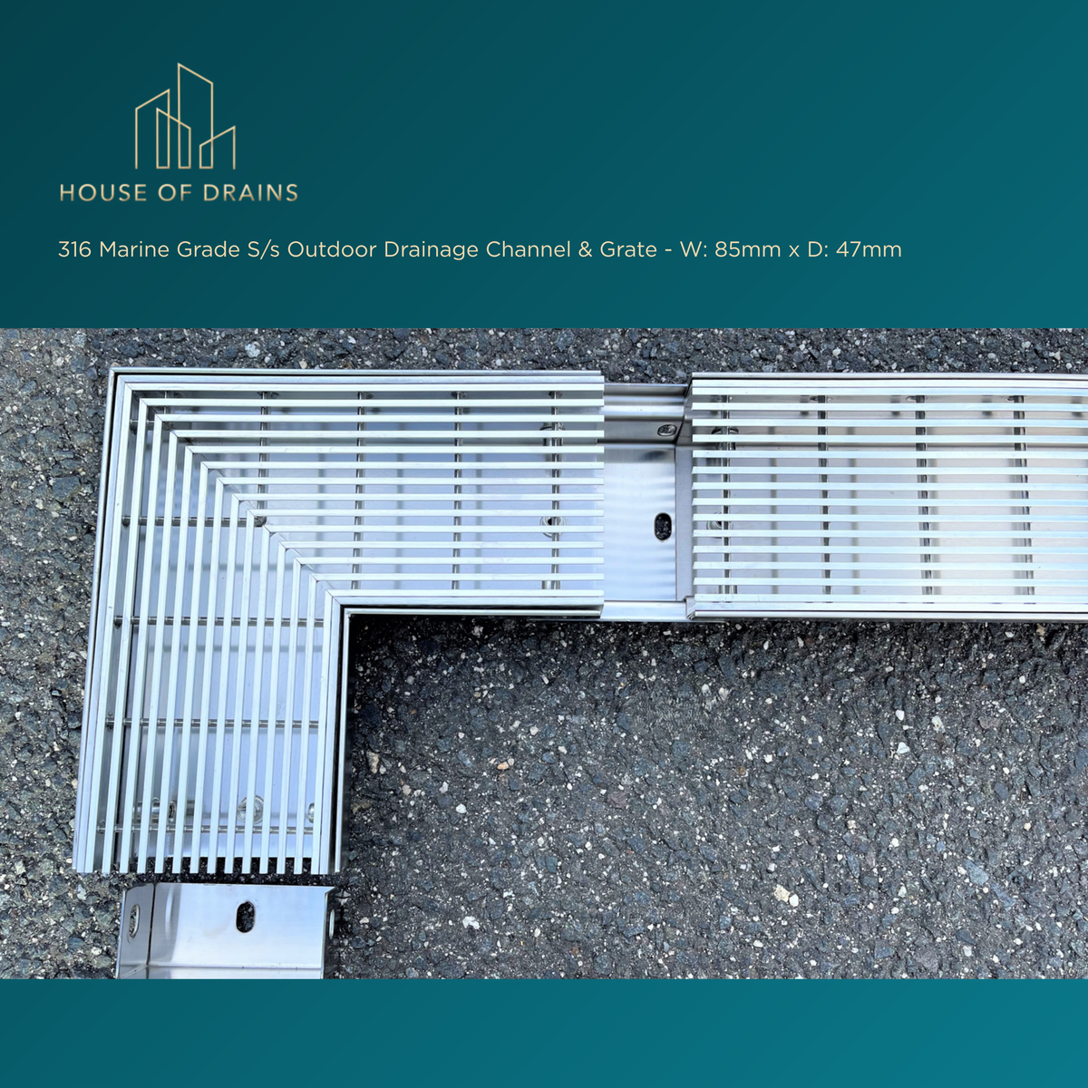 316 Marine Grade S/s Outdoor Drainage Channel & Grate - W:85mm x D:47mm
