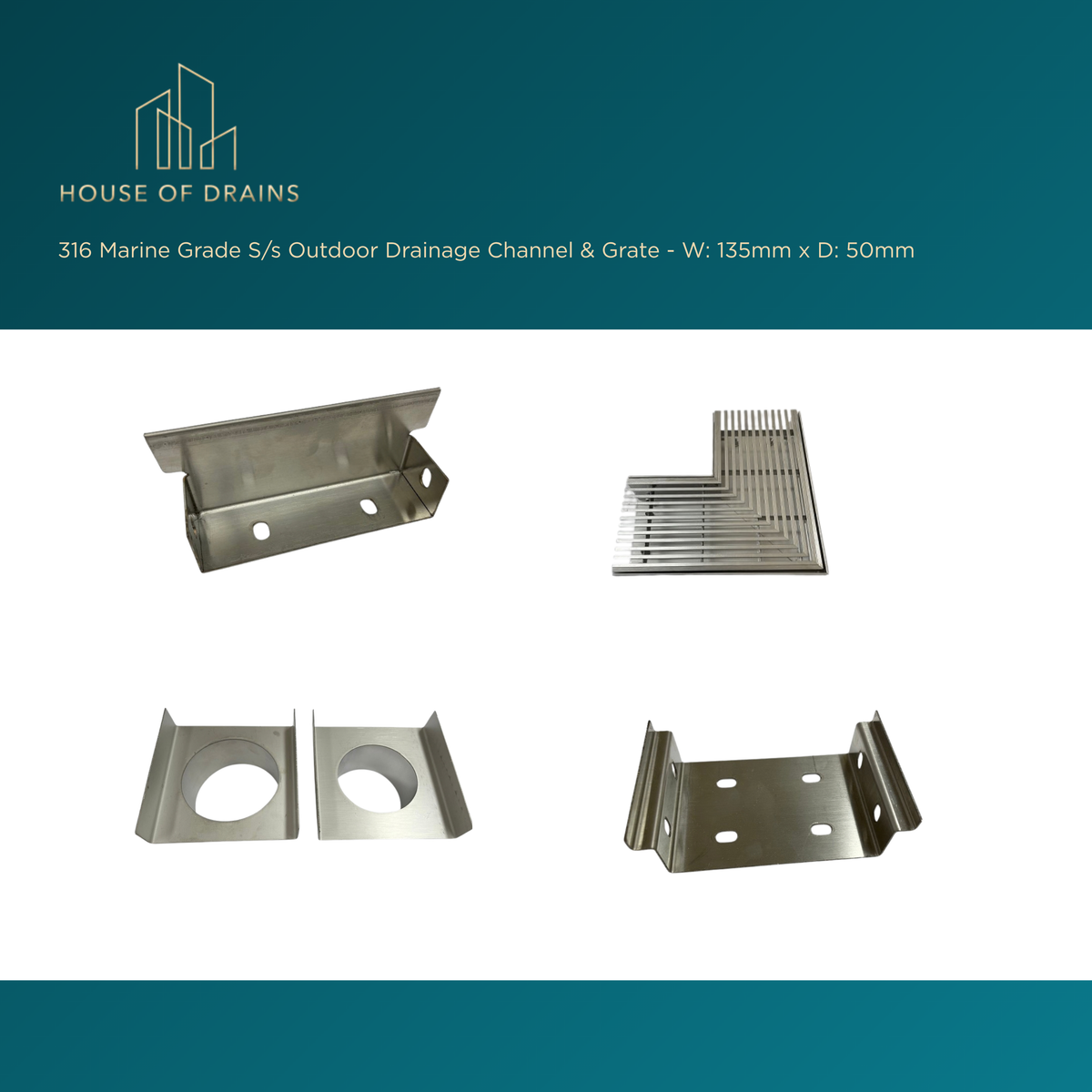 Linear Stainless Steel Drain - Pool/Balcony/Garden - W:135mm x D:50mm