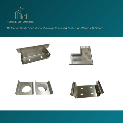 Linear Stainless Steel Drain - Pool/Balcony/Garden - W:135mm x D:50mm