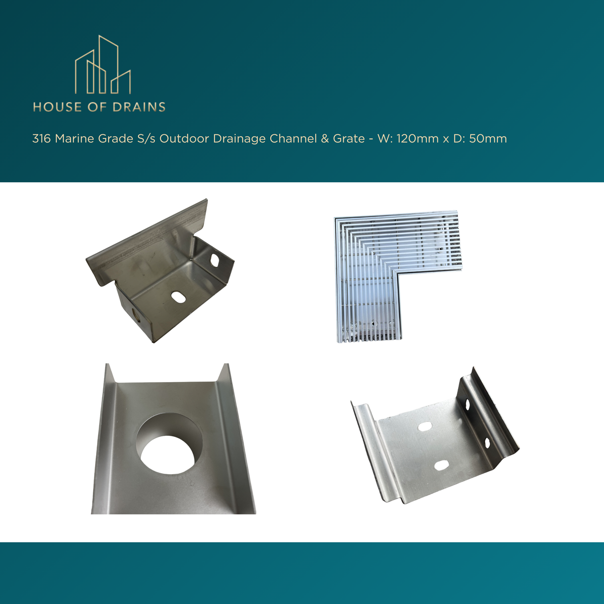 Linear Stainless Steel Drain - Pool/Balcony/Garden - W:120mm x D:50mm