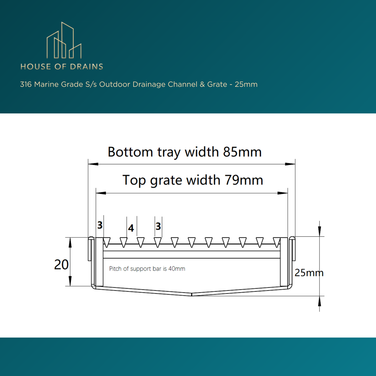 316 Marine Grade S/s Outdoor Drainage Channel & Grate - 25mm