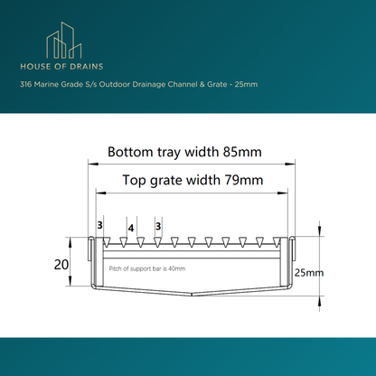 316 Marine Grade S/s Outdoor Drainage Channel & Grate - 25mm