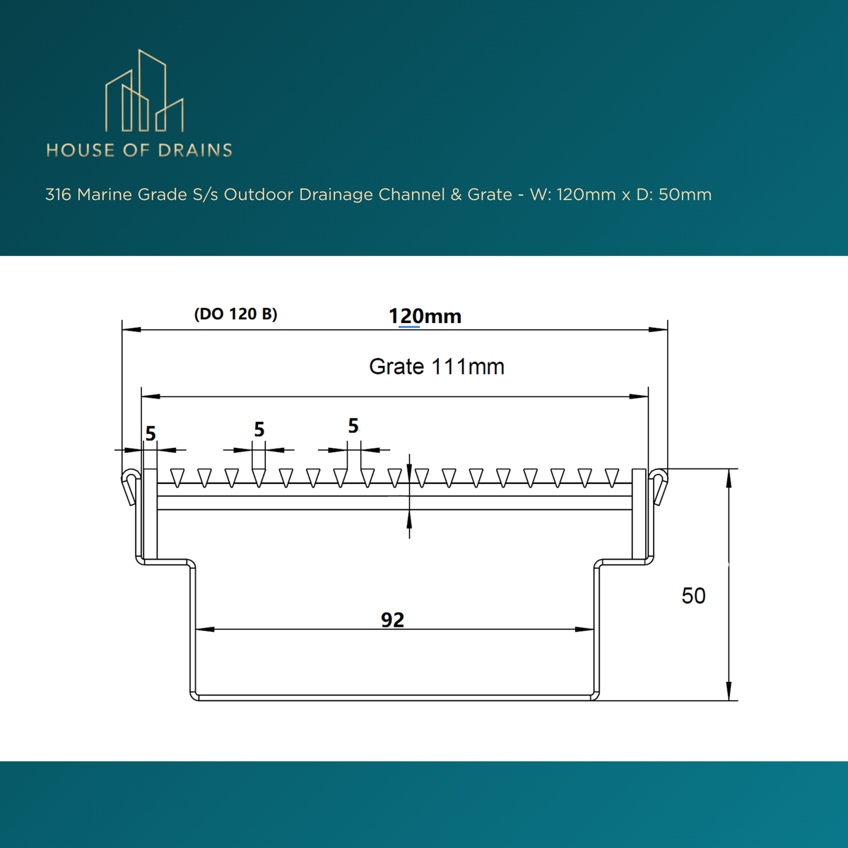 Linear Stainless Steel Drain - Pool/Balcony/Garden - W:120mm x D:50mm