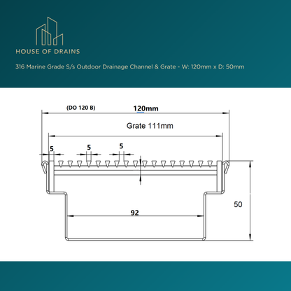 Linear Stainless Steel Drain - Pool/Balcony/Garden - W:120mm x D:50mm