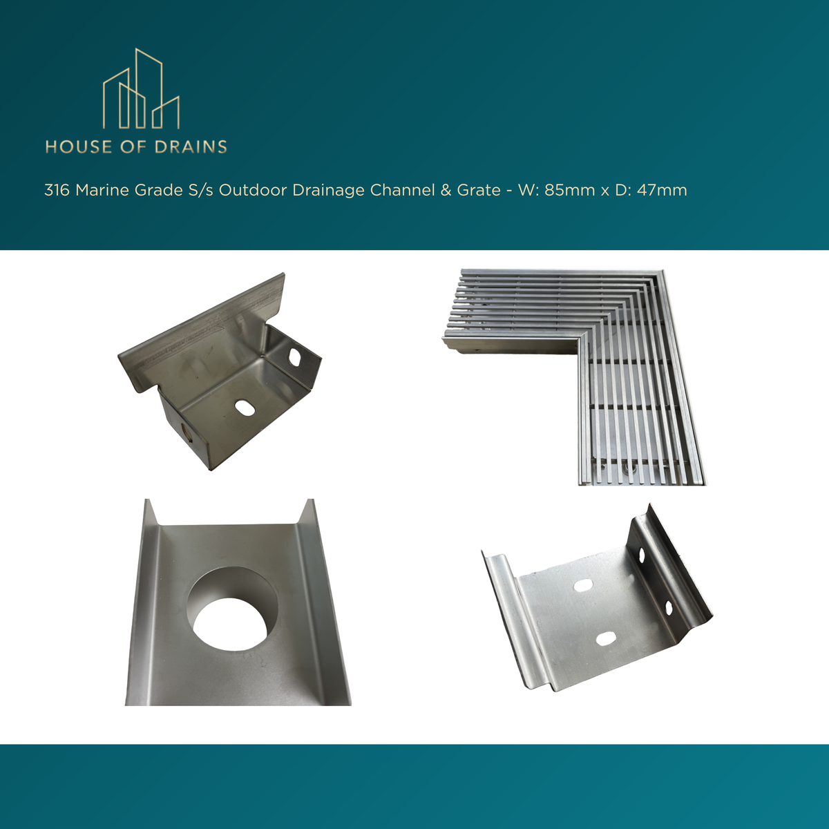 316 Marine Grade S/s Outdoor Drainage Channel & Grate - W:85mm x D:47mm