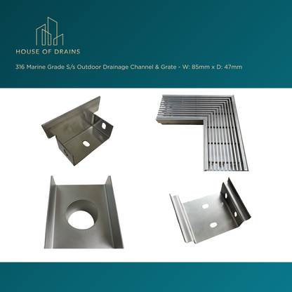 316 Marine Grade S/s Outdoor Drainage Channel & Grate - W:85mm x D:47mm