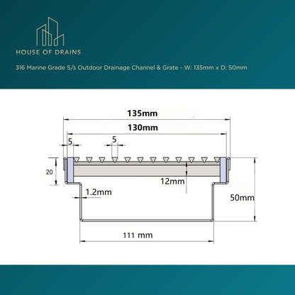 Linear Stainless Steel Drain - Pool/Balcony/Garden - W:135mm x D:50mm