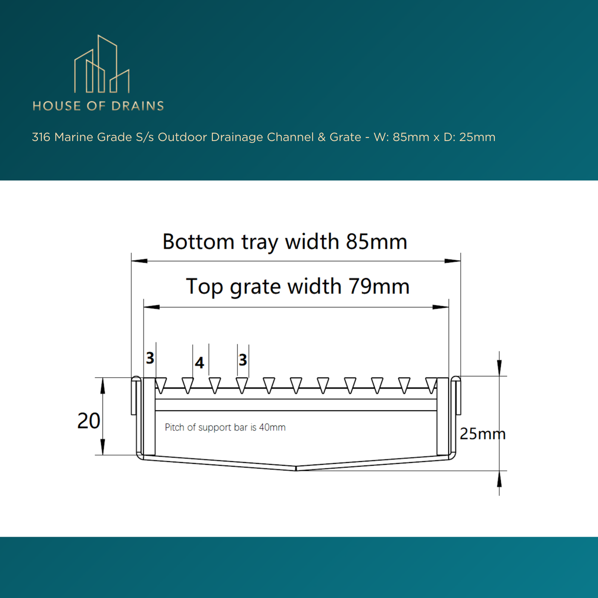 Linear Stainless Steel Drain - Pool/Balcony/Garden - W:85mm x D:25mm