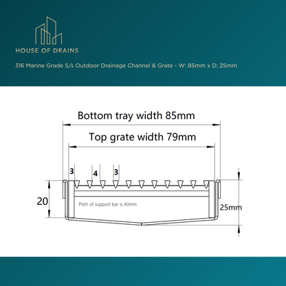 Linear Stainless Steel Drain - Pool/Balcony/Garden - W:85mm x D:25mm