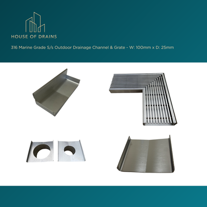 316 Marine Grade S/s Outdoor Drainage Channel & Grate - W:100mm x D:25mm