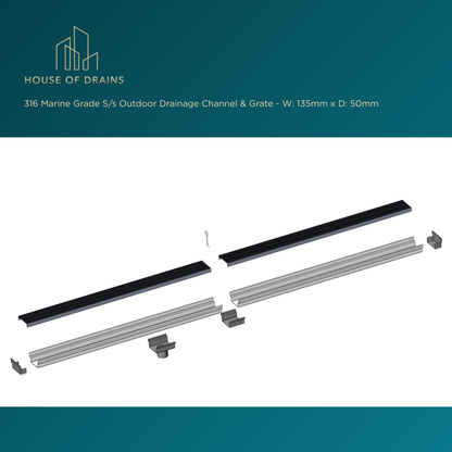Linear Stainless Steel Drain - Pool/Balcony/Garden - W:135mm x D:50mm