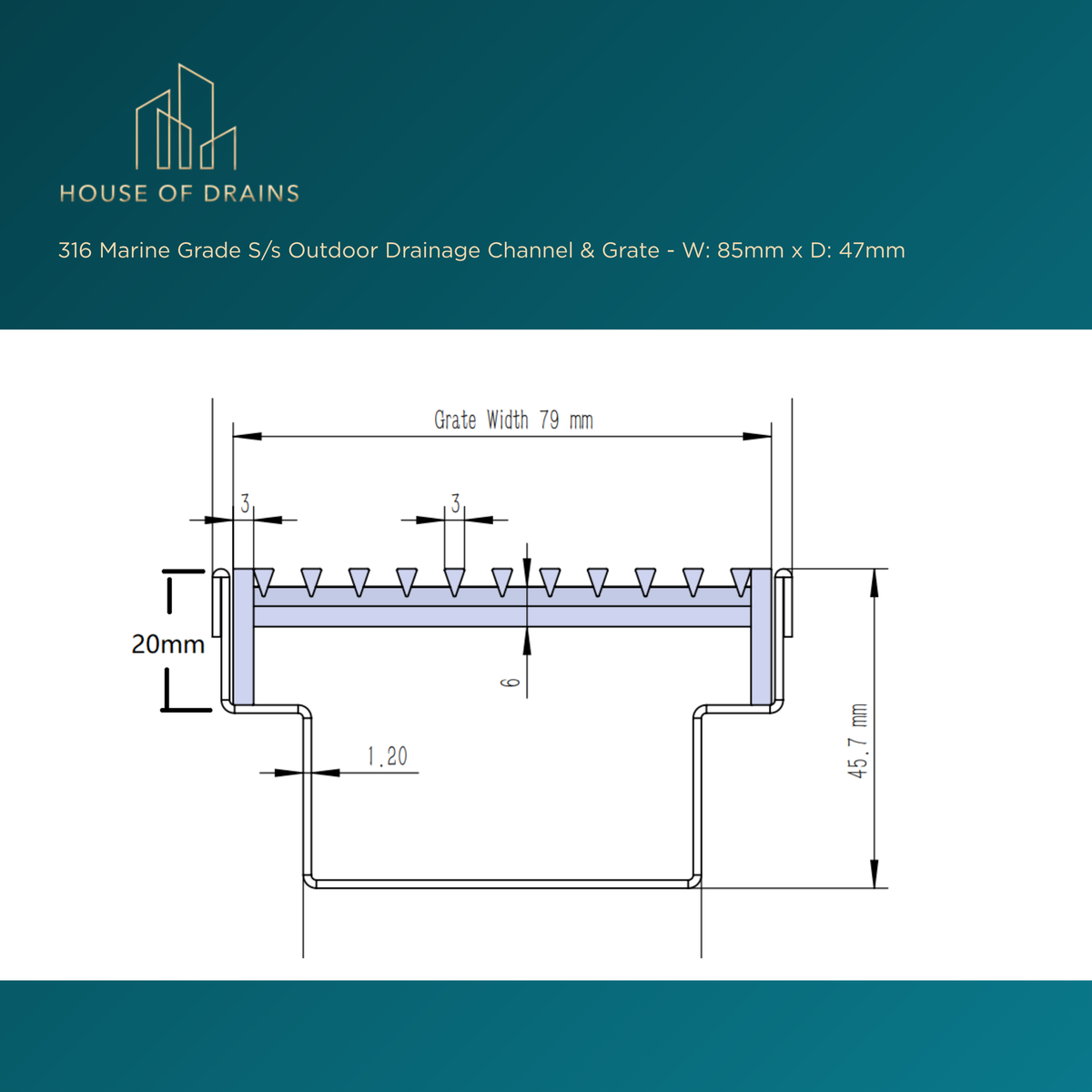 316 Marine Grade S/s Outdoor Drainage Channel & Grate - W:85mm x D:47mm
