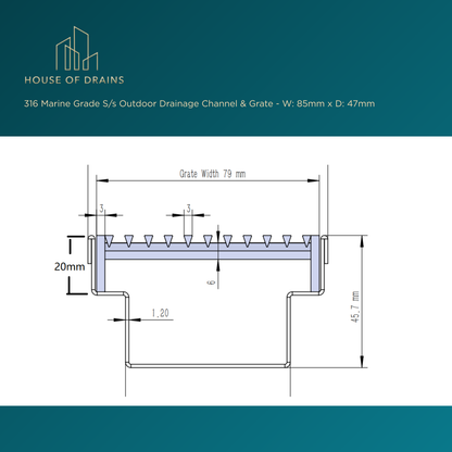 316 Marine Grade S/s Outdoor Drainage Channel & Grate - W:85mm x D:47mm