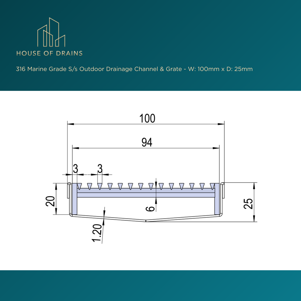 316 Marine Grade S/s Outdoor Drainage Channel & Grate - W:100mm x D:25mm