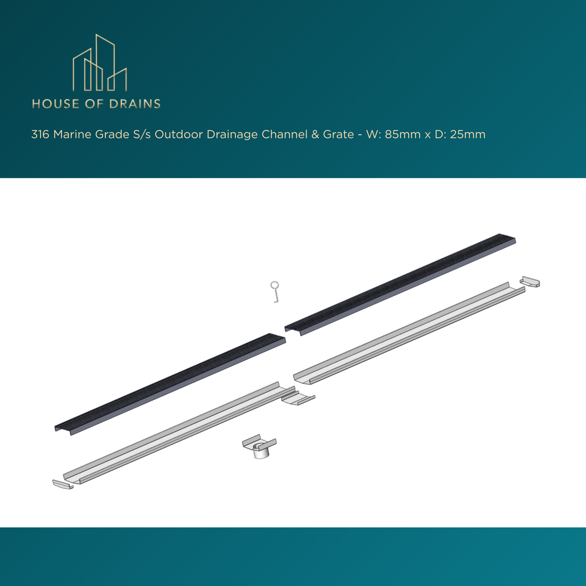 Linear Stainless Steel Drain - Pool/Balcony/Garden - W:85mm x D:25mm