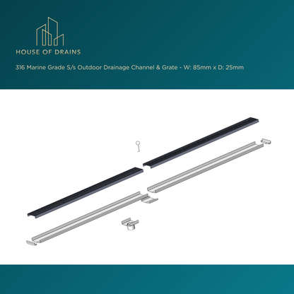Linear Stainless Steel Drain - Pool/Balcony/Garden - W:85mm x D:25mm