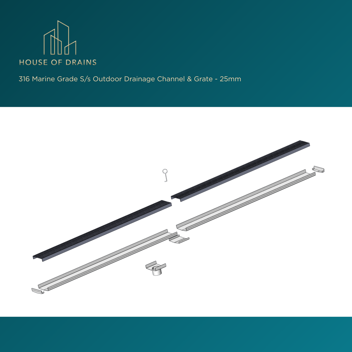 316 Marine Grade S/s Outdoor Drainage Channel & Grate - 25mm