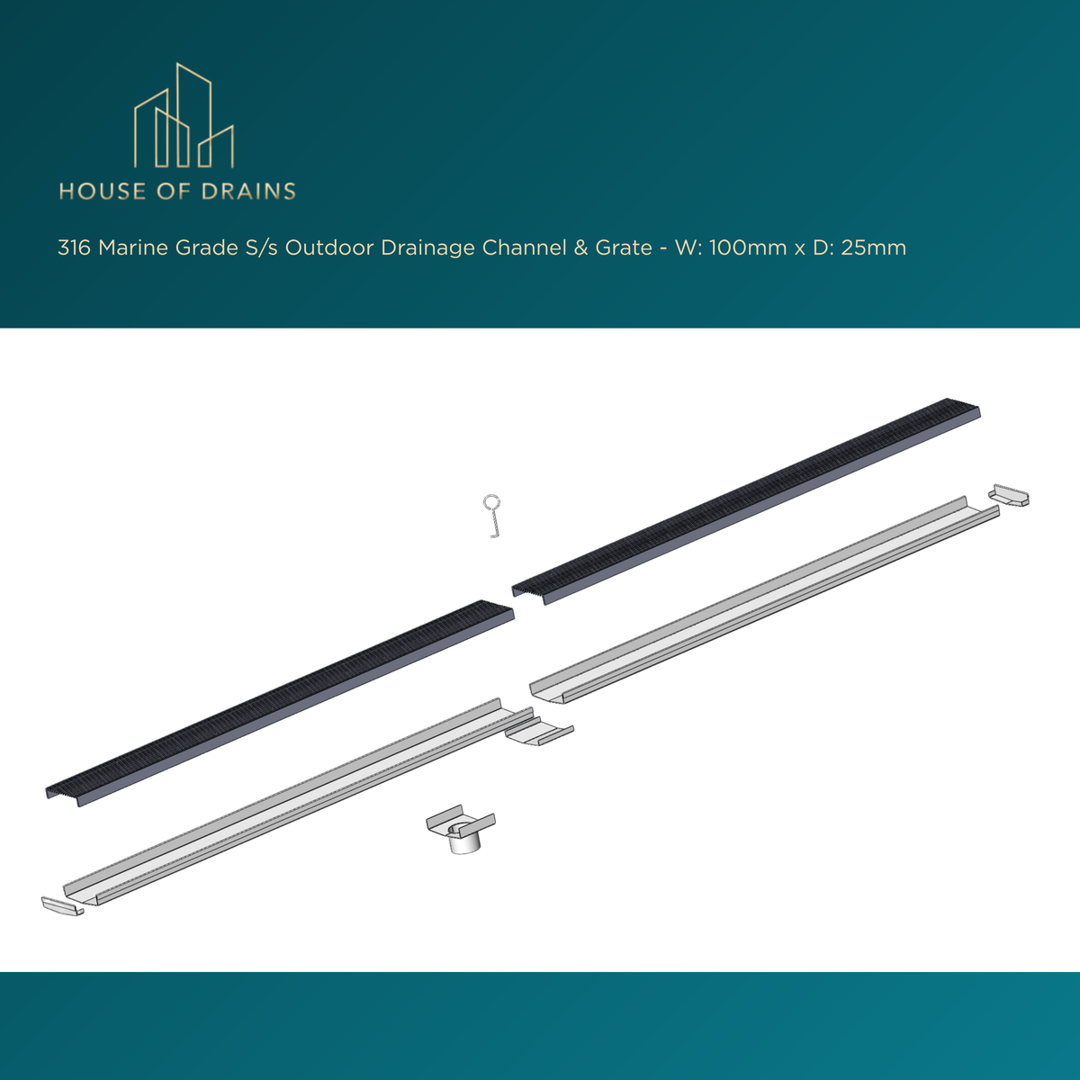 316 Marine Grade S/s Outdoor Drainage Channel & Grate - W:100mm x D:25mm