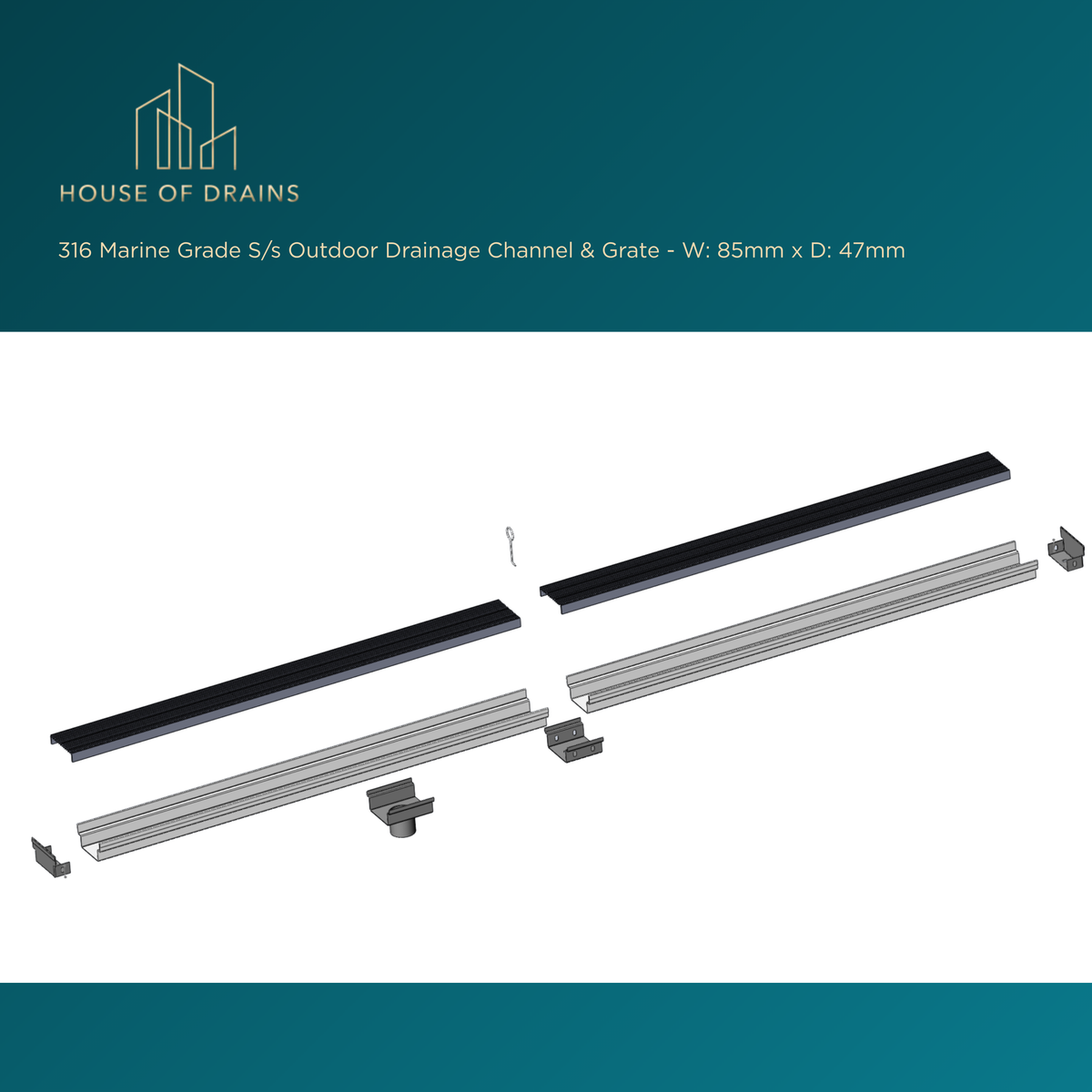 316 Marine Grade S/s Outdoor Drainage Channel & Grate - W:85mm x D:47mm