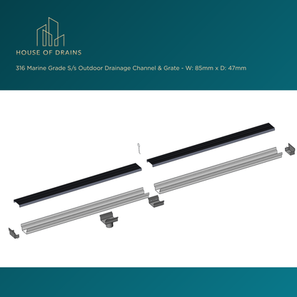 316 Marine Grade S/s Outdoor Drainage Channel & Grate - W:85mm x D:47mm