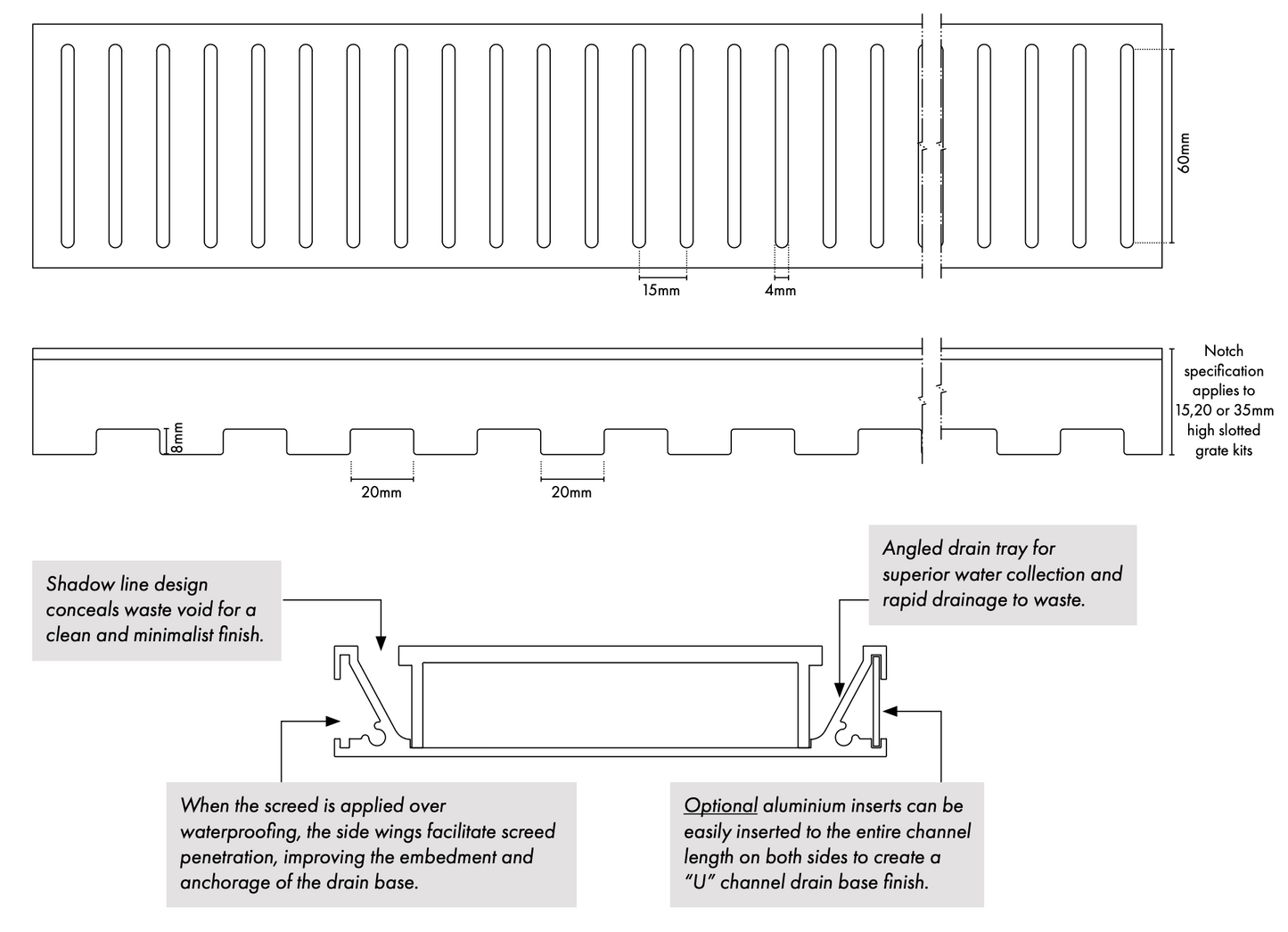 Drainlab® Linear Drain Slotted Grate – 15mm H Black