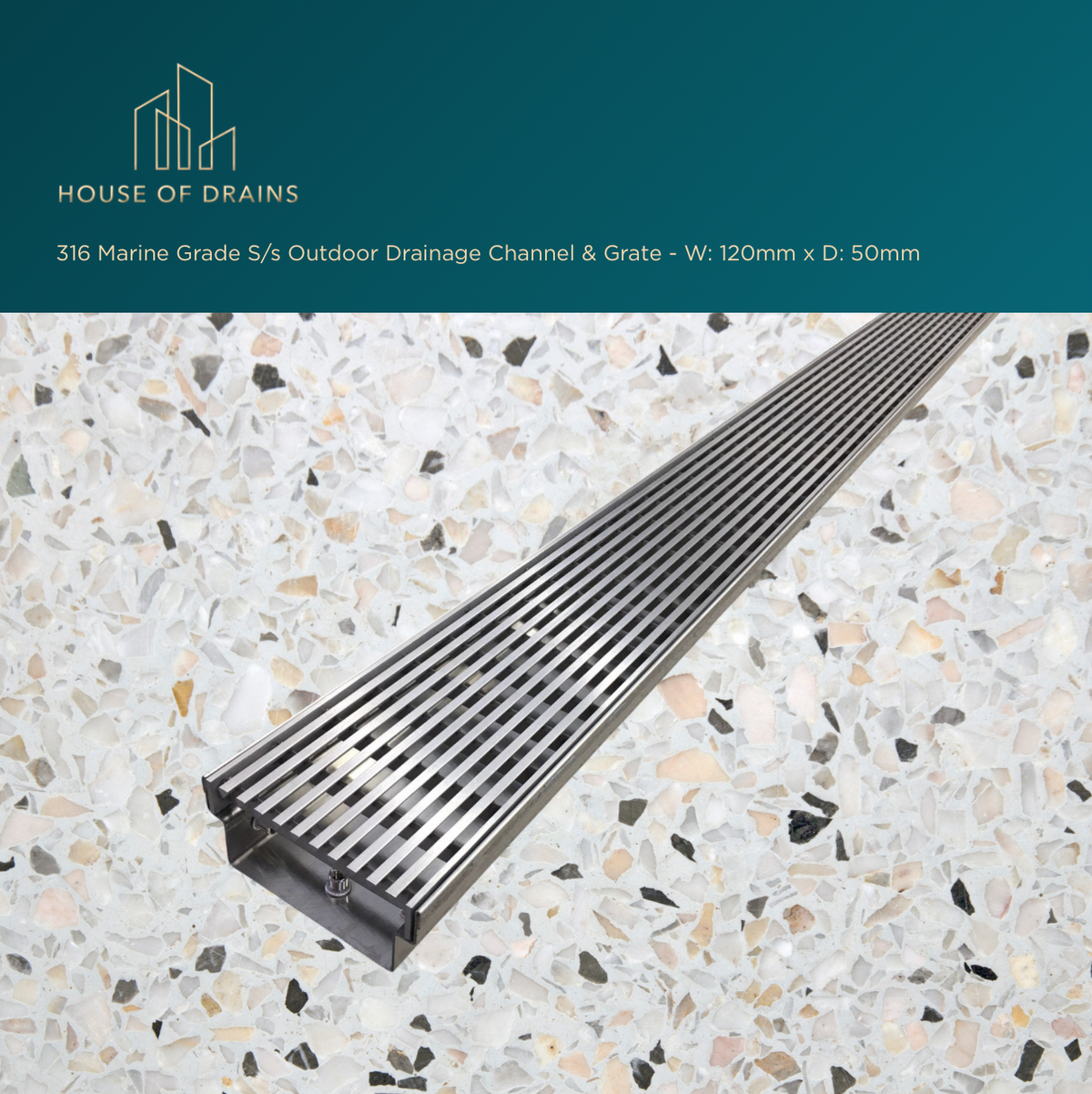 Linear Stainless Steel Drain - Pool/Balcony/Garden - W:120mm x D:50mm
