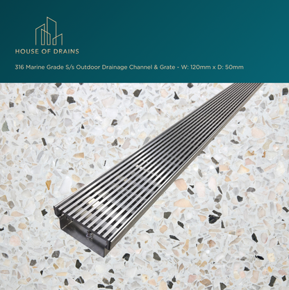 Linear Stainless Steel Drain - Pool/Balcony/Garden - W:120mm x D:50mm