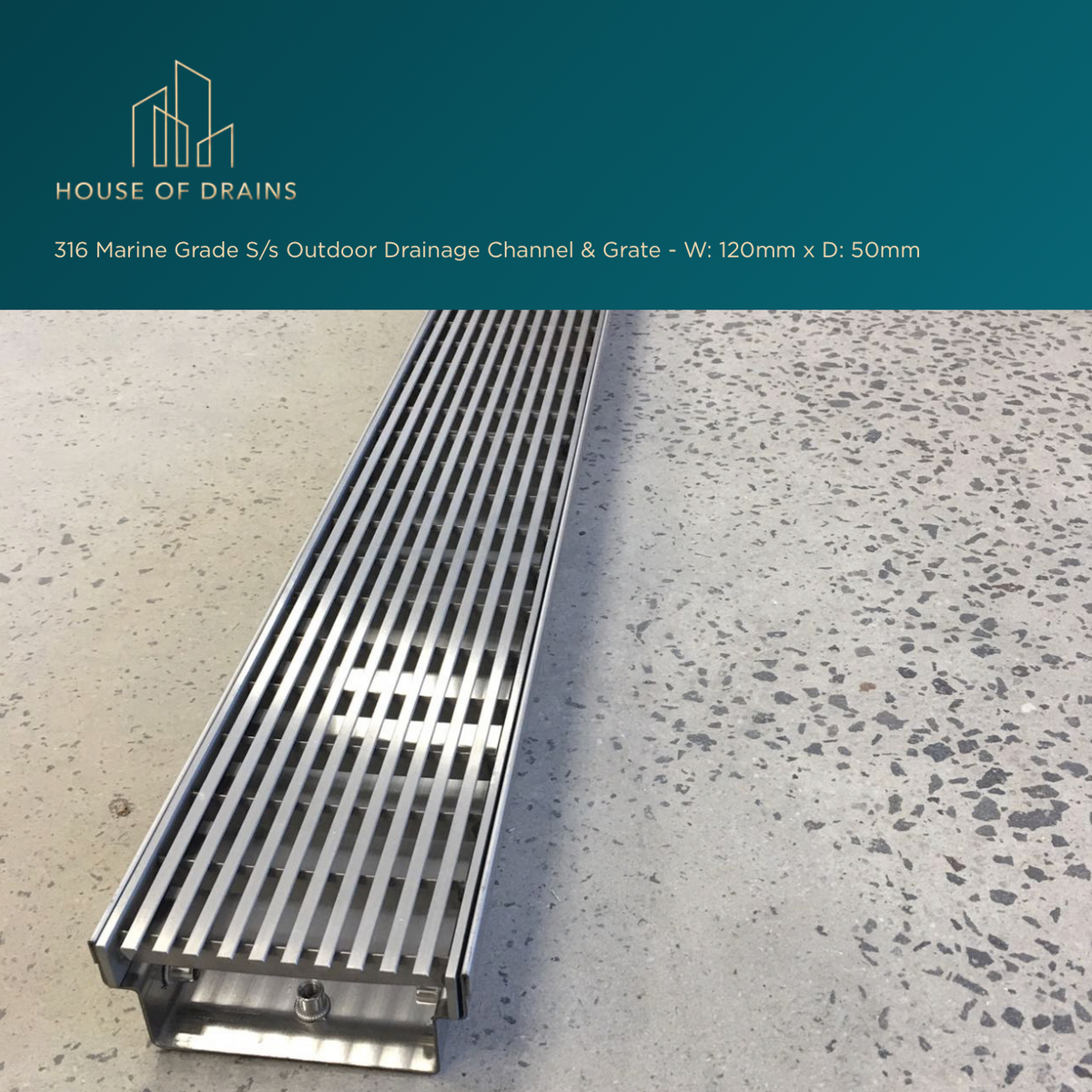 Linear Stainless Steel Drain - Driveway/Garage Entry - W:120mm x D:50mm
