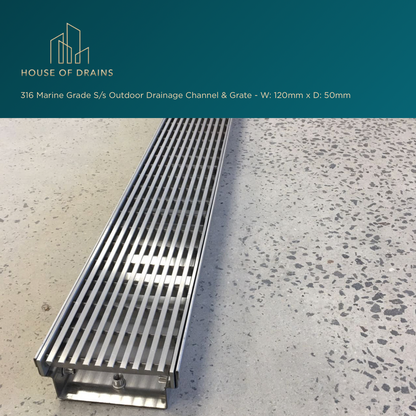 Linear Stainless Steel Drain - Driveway/Garage Entry - W:120mm x D:50mm