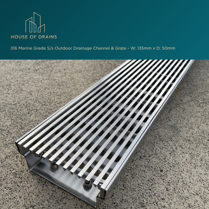 Linear Stainless Steel Drain - Driveway/Garage Entry - W:135mm x D:50mm