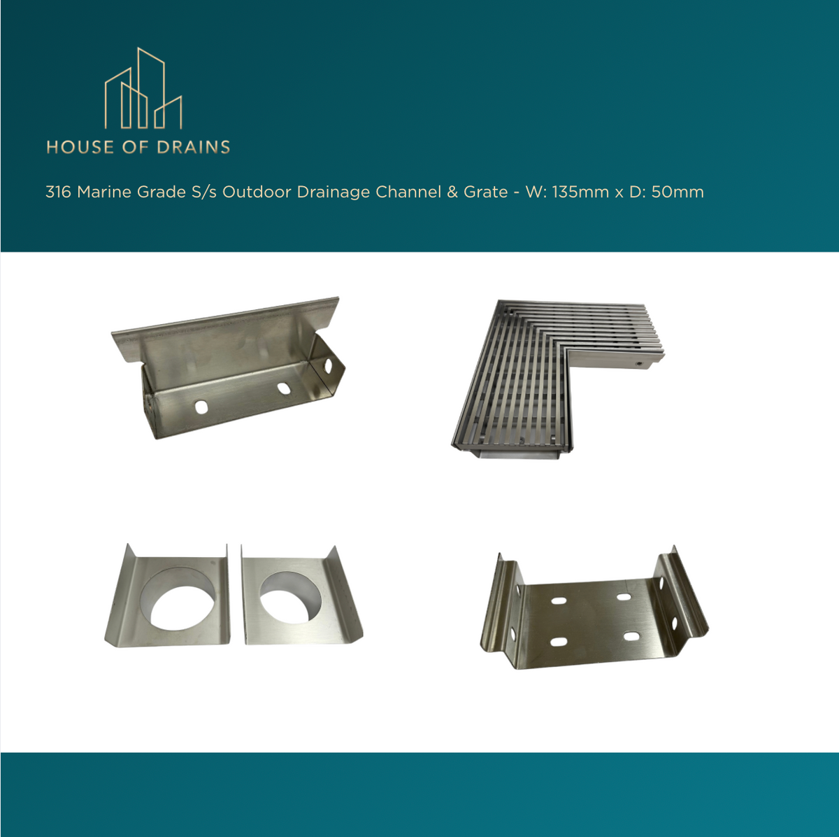 Linear Stainless Steel Drain - Driveway/Garage Entry - W:135mm x D:50mm