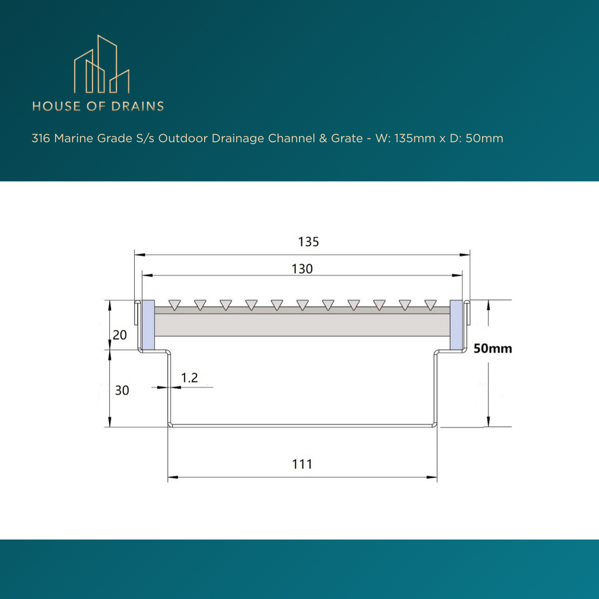 Linear Stainless Steel Drain - Driveway/Garage Entry - W:135mm x D:50mm