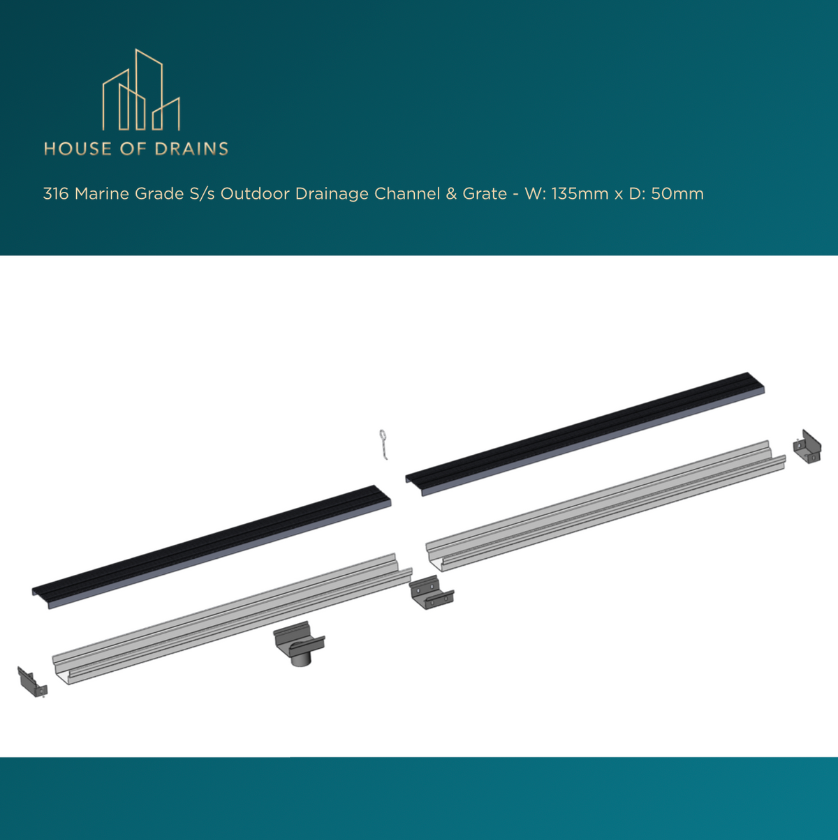 Linear Stainless Steel Drain - Driveway/Garage Entry - W:135mm x D:50mm