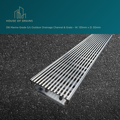 Linear Stainless Steel Drain - Driveway/Garage Entry - W:135mm x D:50mm